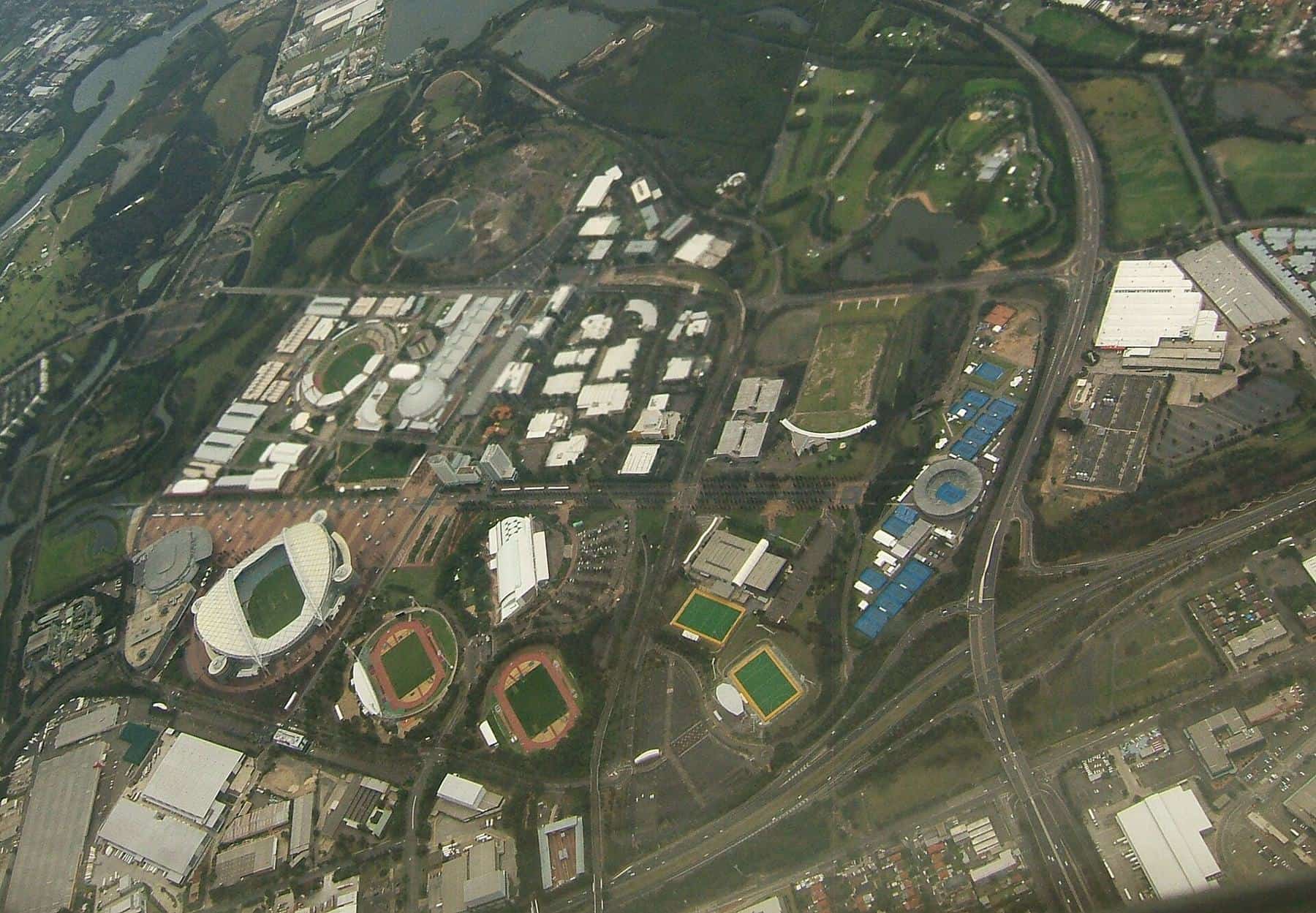 Aerial view of Sydney Olympic Park and its stadiums in 2010