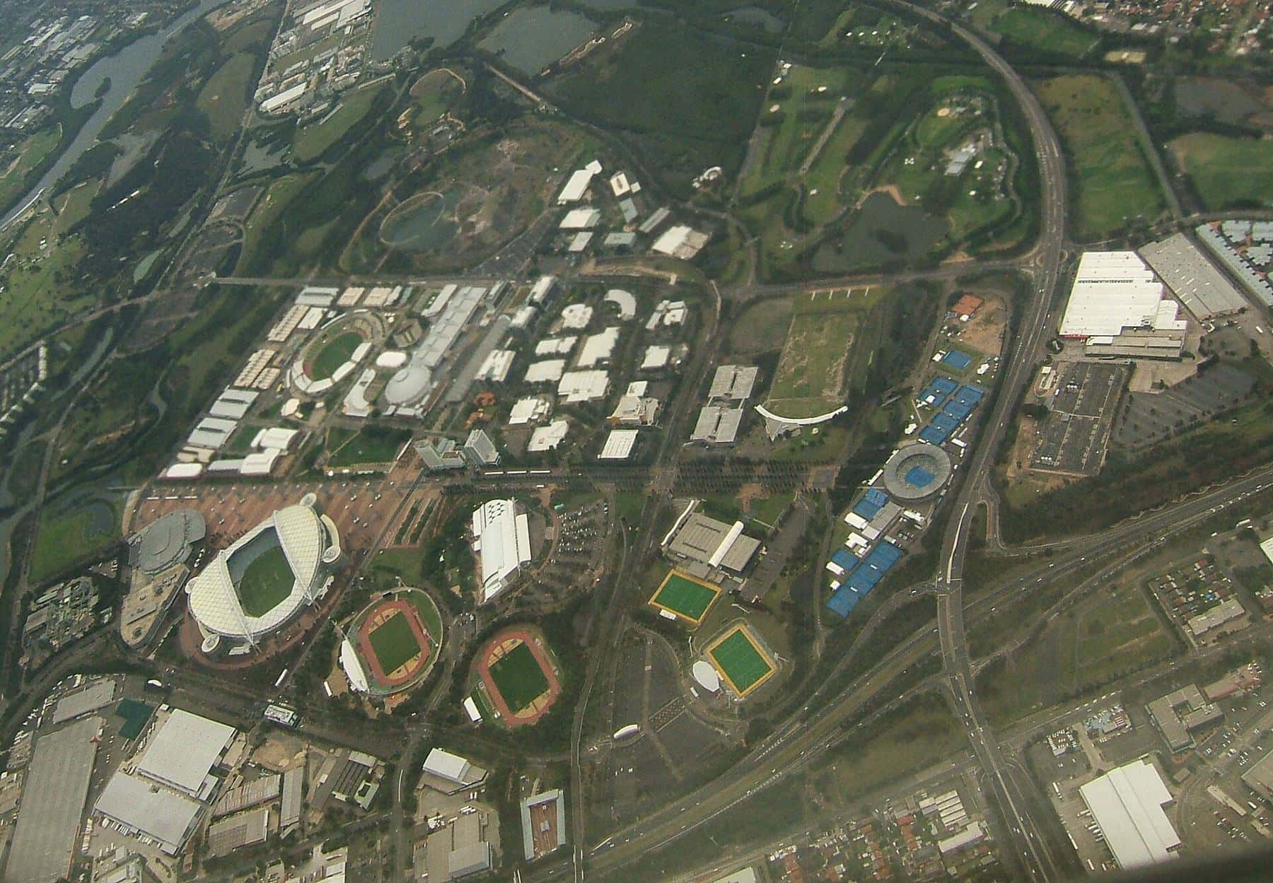 Aerial view of Sydney Olympic Park and its stadiums in 2010