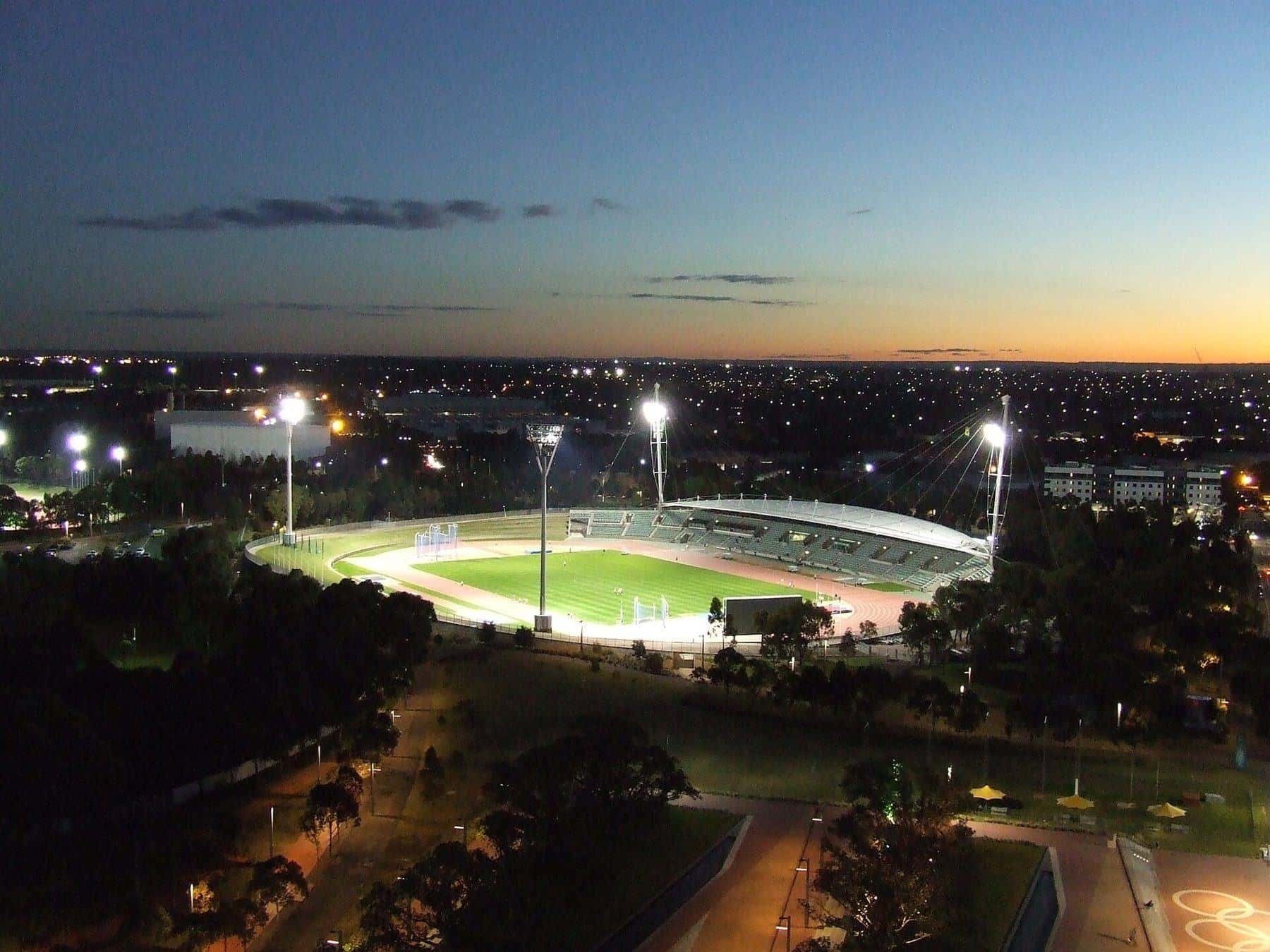 An evening athletics meet at the Sydney Olympic Park Athletic Centre