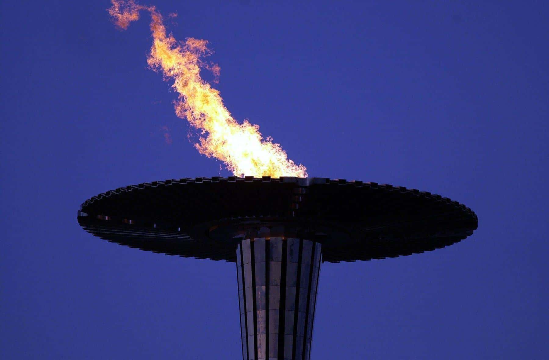 The flame burning above the Sydney 2000 cauldron at night